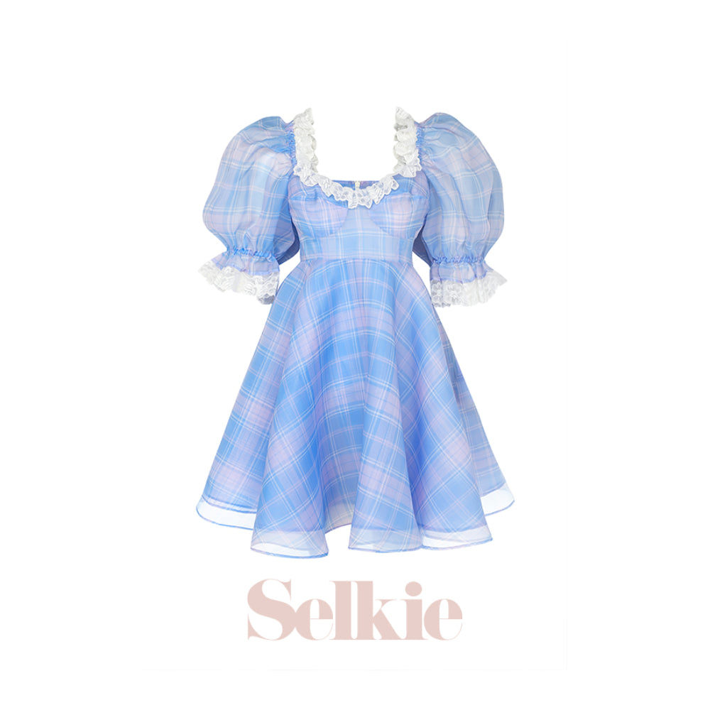 Selkie Cindy Plaid Puff Dress Pink Blue - Mores Studio