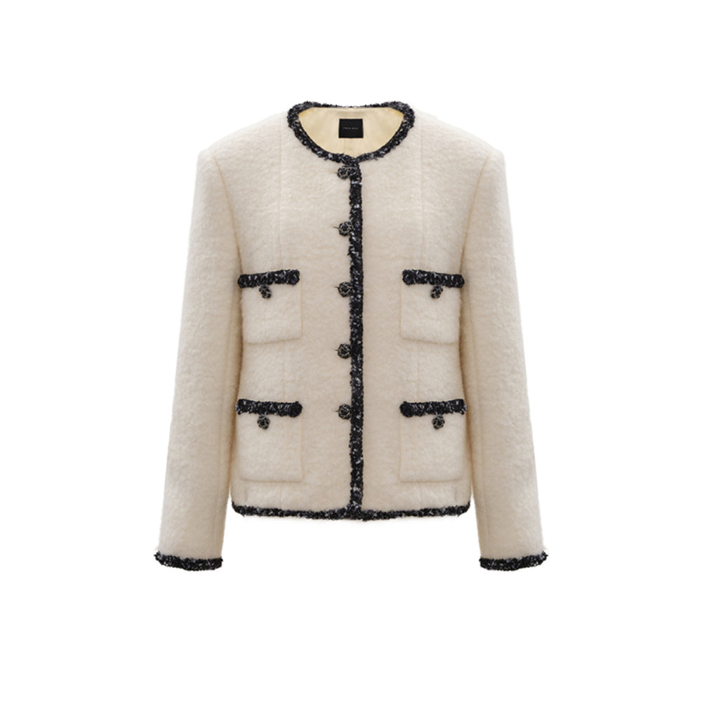 Concise-White Color Blocked Tweed Coat White - Mores Studio
