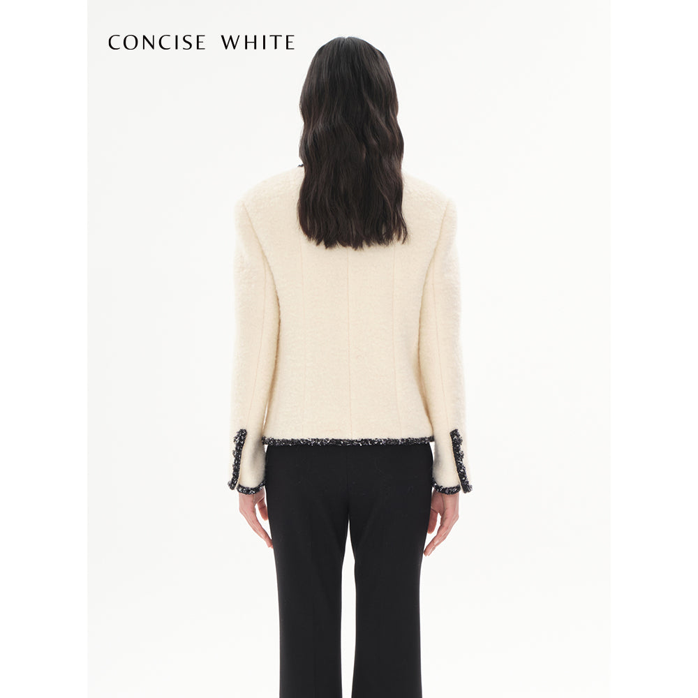Concise-White Color Blocked Tweed Coat White - Mores Studio
