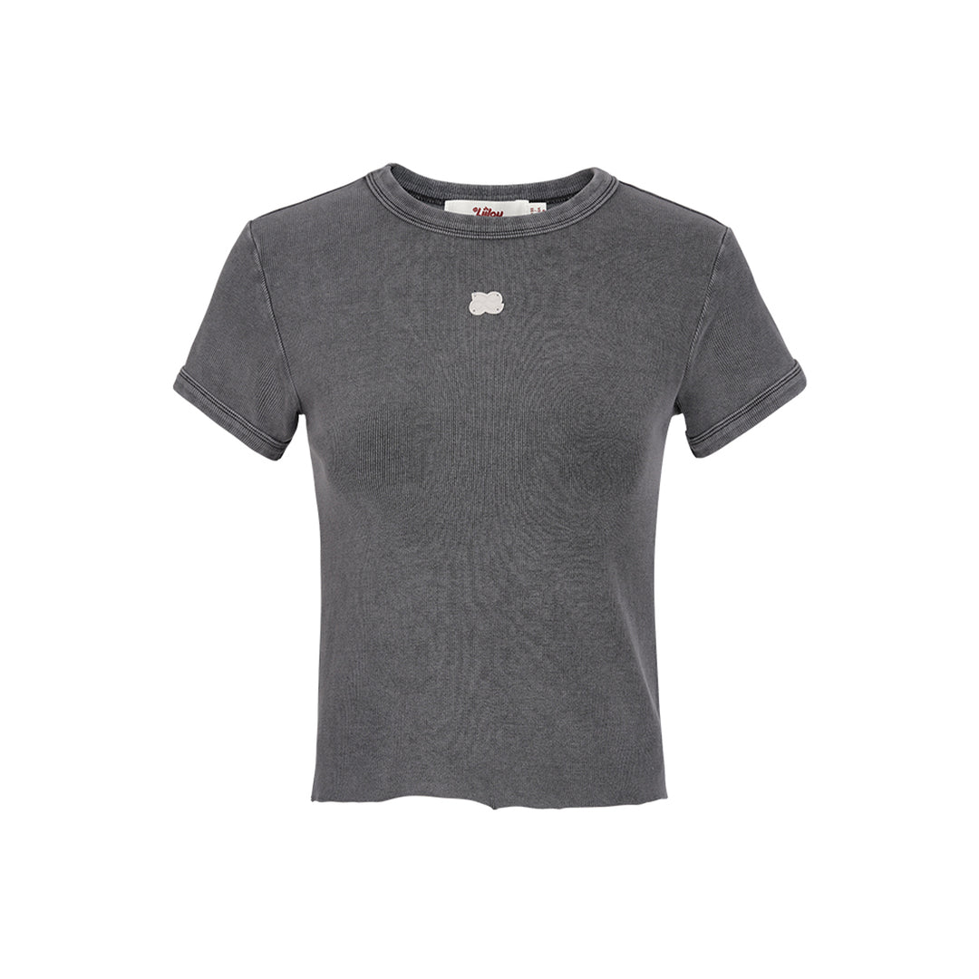 Liilou Destroyed Slim Logo T-Shirt Washed Grey