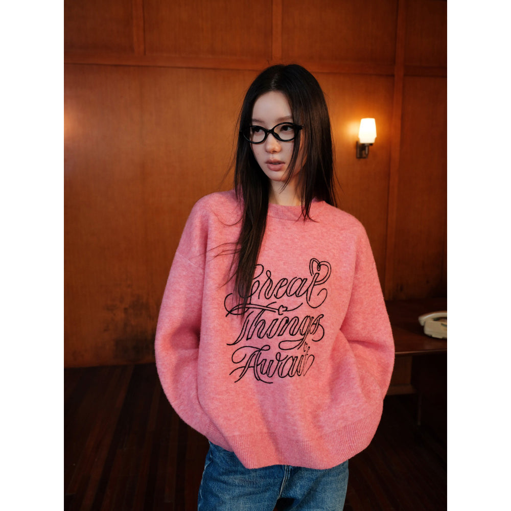 Concise-White "Great Things Await" Knit Sweater Pink - Mores Studio