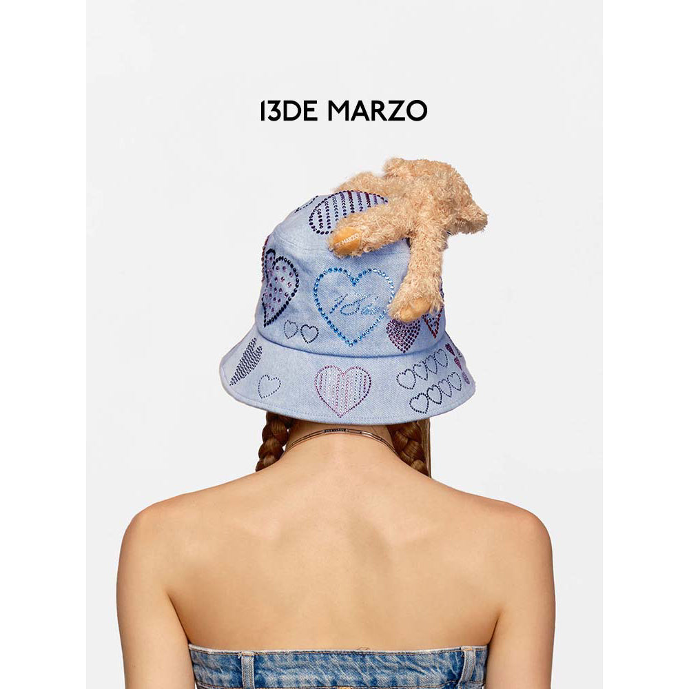 13De Marzo Rhinestone Heart Denim Bucket Hat Blue - Mores Studio