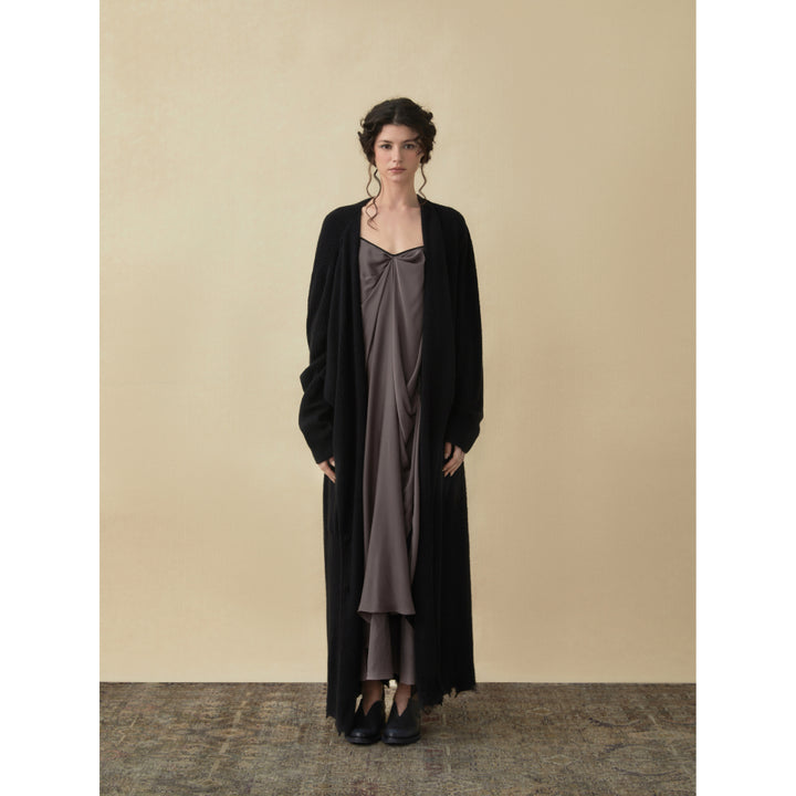 Elywood Black Lapel Knit Long Coat - Mores Studio