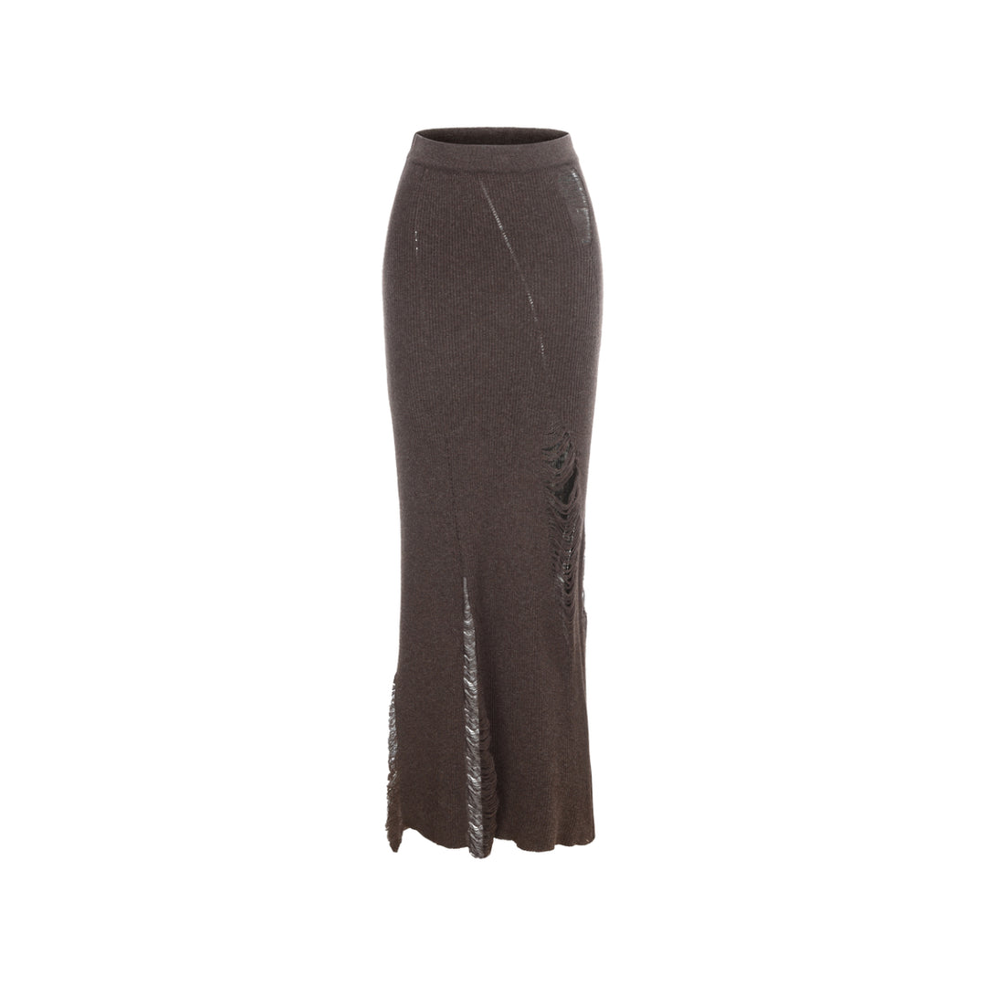 Elywood Destruction Mid-Length Knit Skirt Mocha