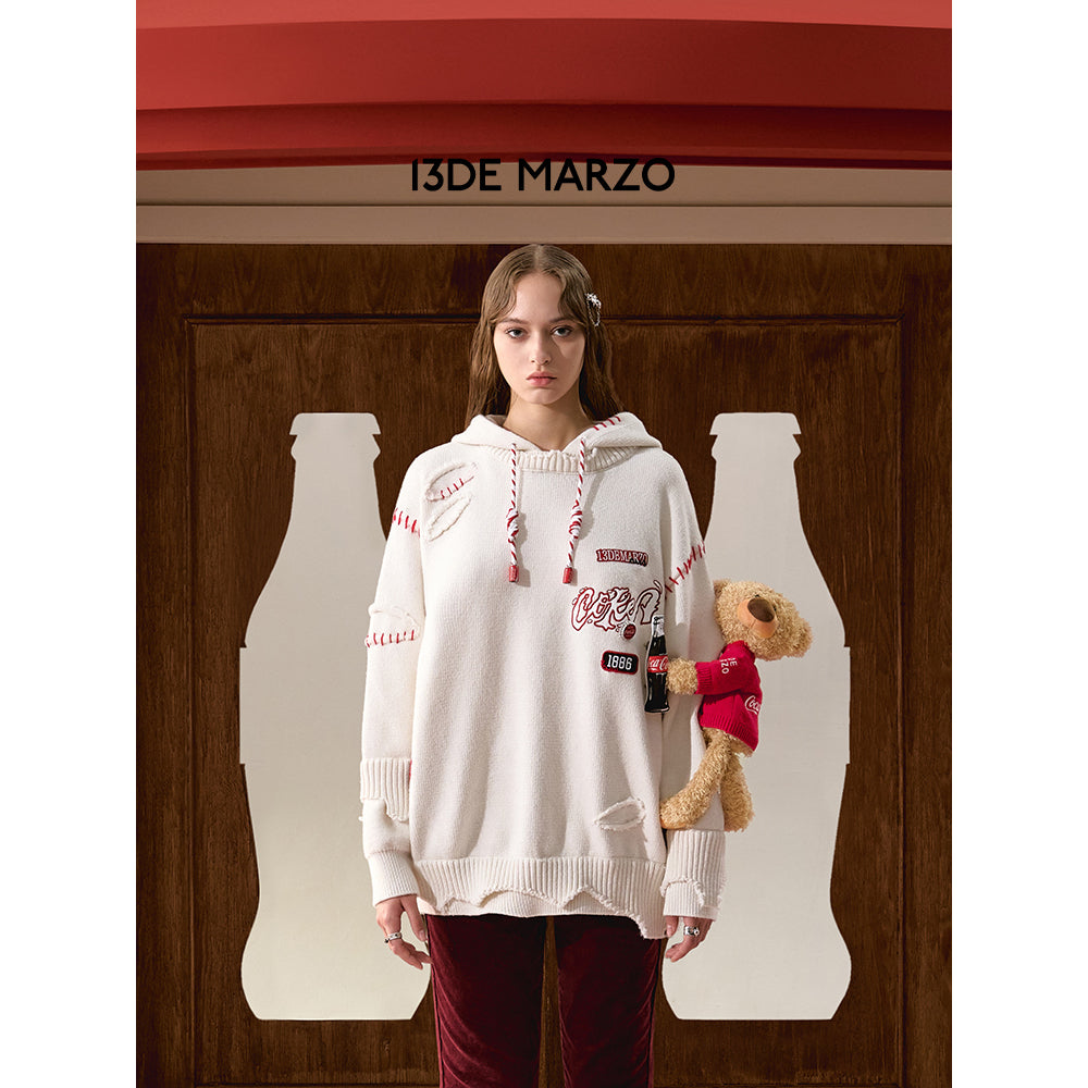 13De Marzo X Coca-Cola Bear Destroyed Knit Hoodie White - Mores Studio