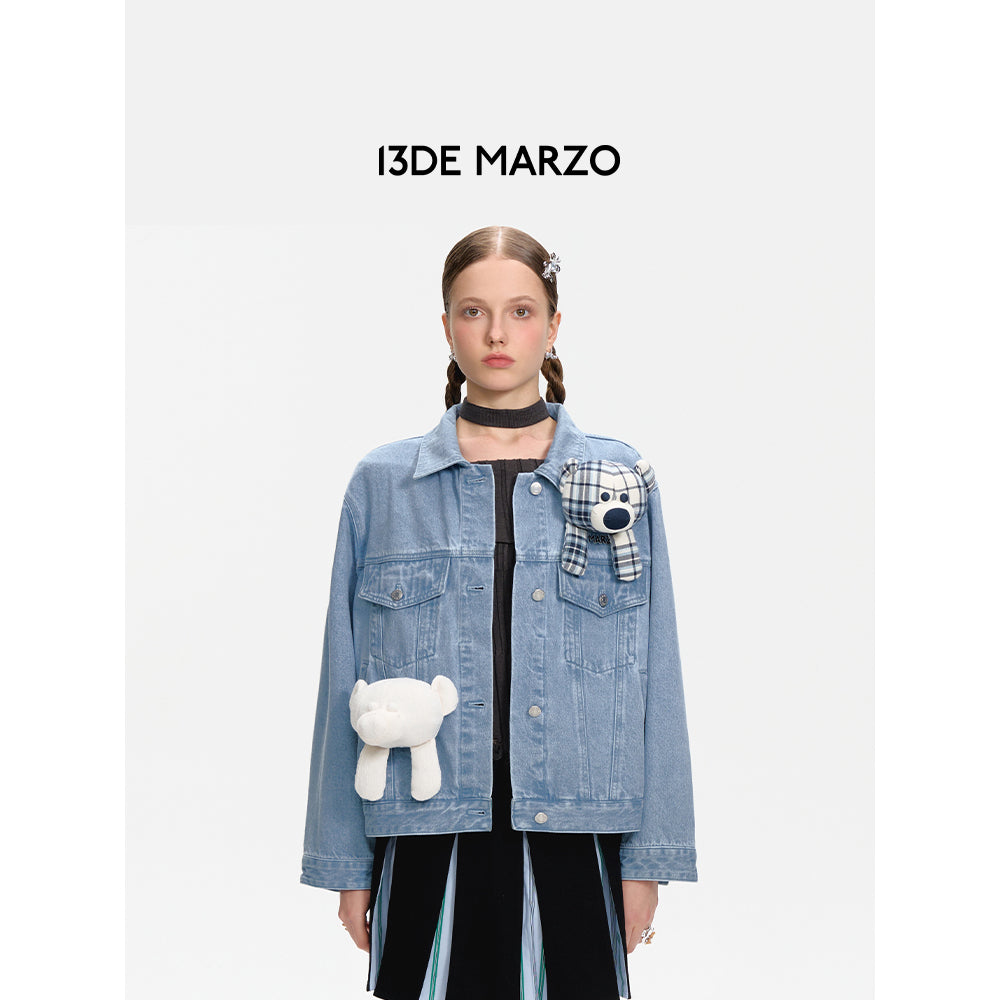 13De Marzo Bear In Wormhole Denim Jacket Blue - Mores Studio