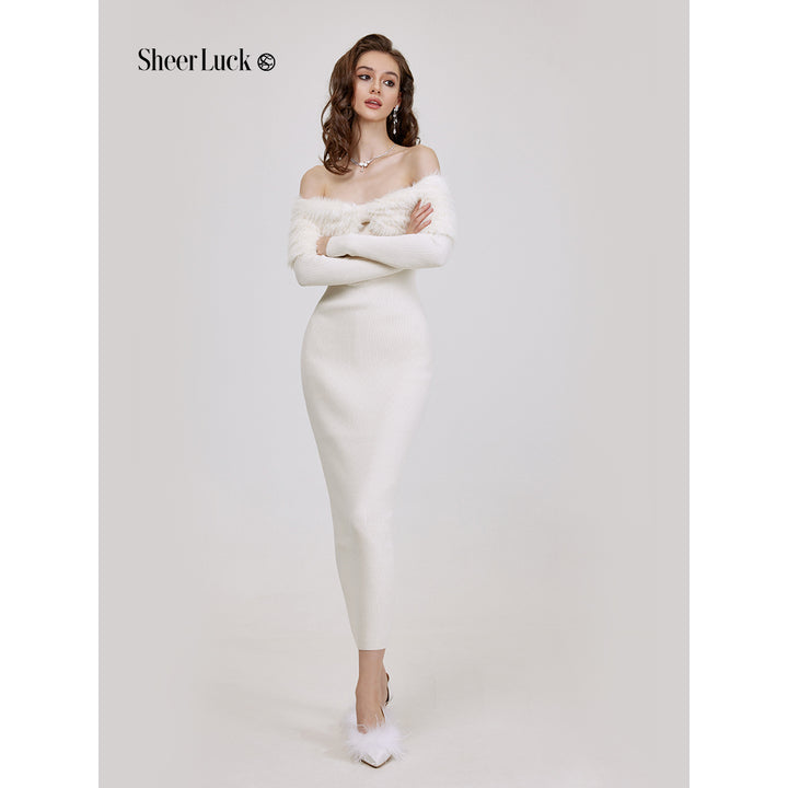 Sheer Luck Nonna Off-Shoulder Faux Mink Slim Knitted Dress White - Mores Studio