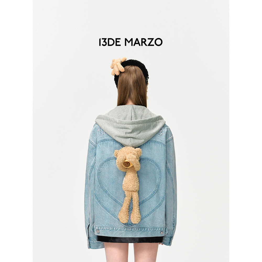 13De Marzo Heart Bear Hooded Denim Jacket