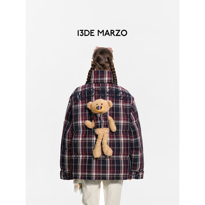 13De Marzo Plush Bear Classic Plaid Down Jacket Black - Mores Studio