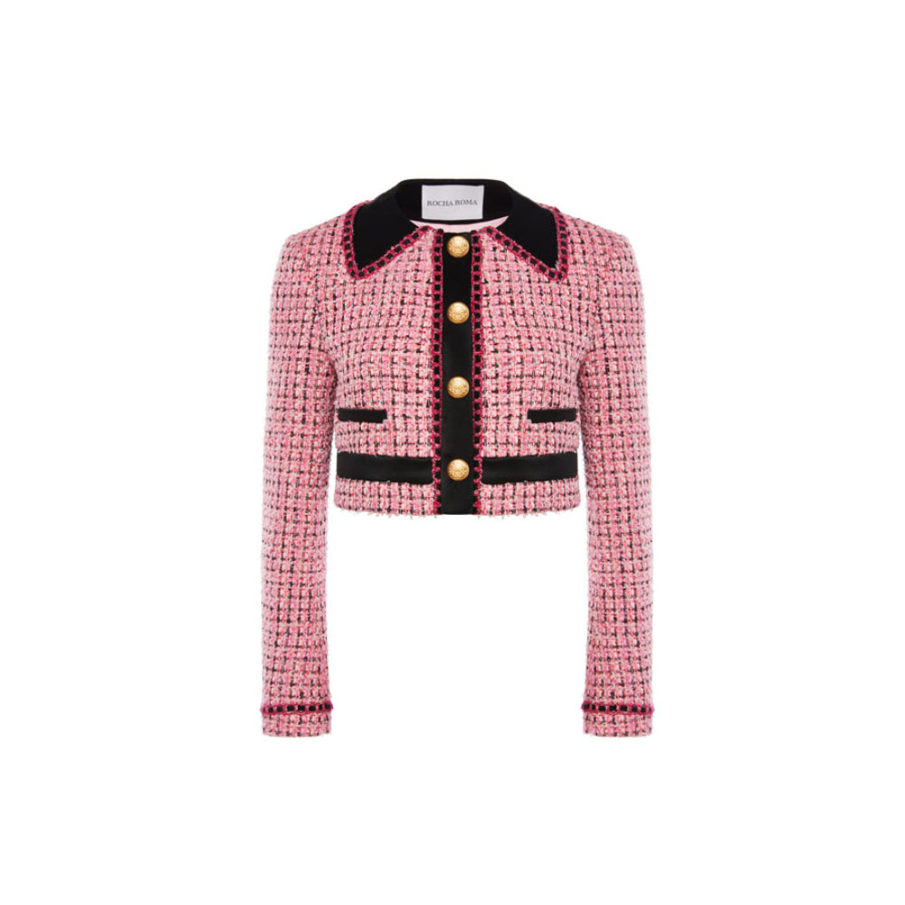 Rocha Roma Fake Lapel Acetate Paneled Tweed Jacket Pink - Mores Studio