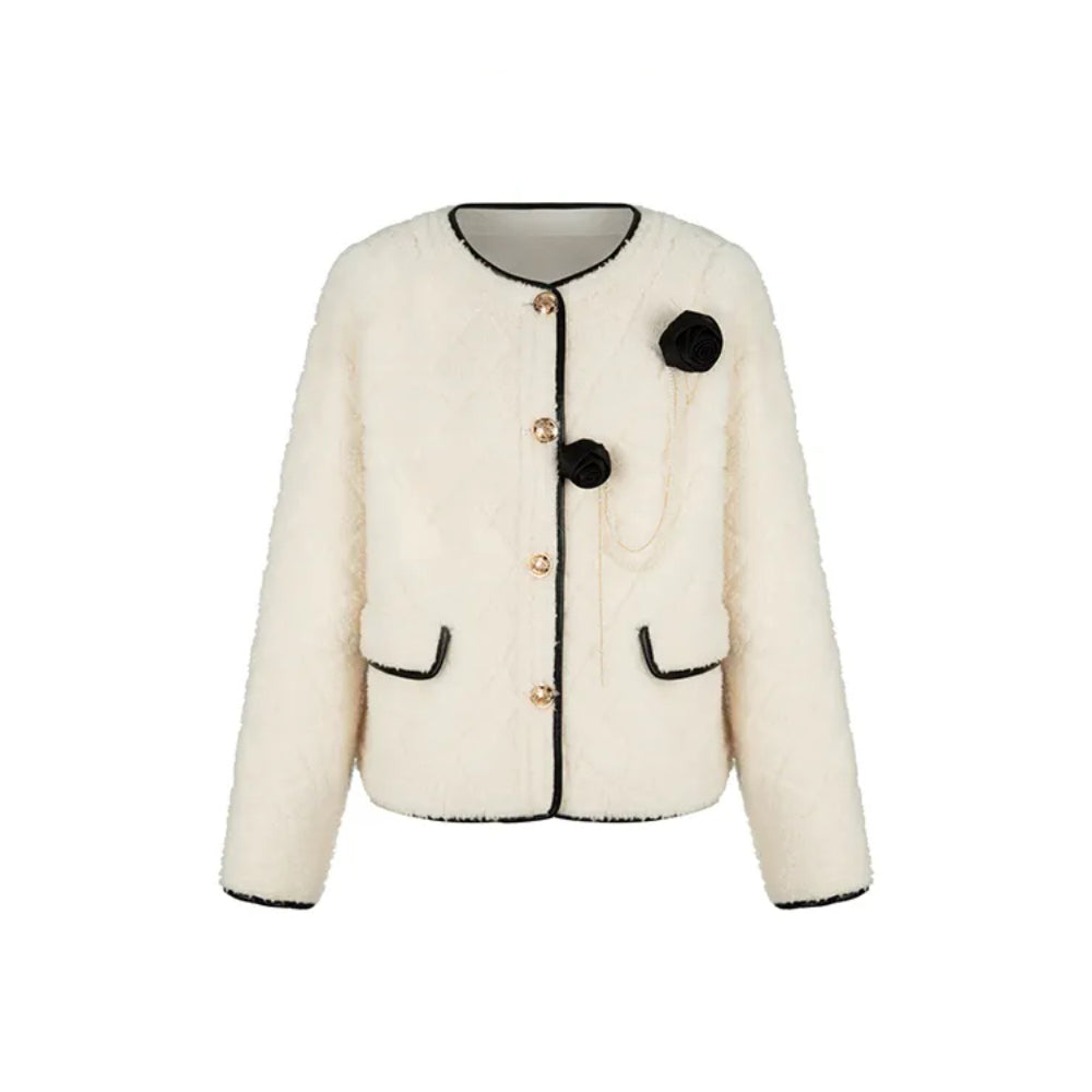 Herlian Golden Button Flower Fleece Coat White - Mores Studio