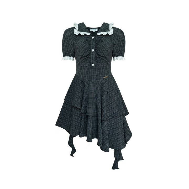 AsGony French Tail Plaid Irregular Dress