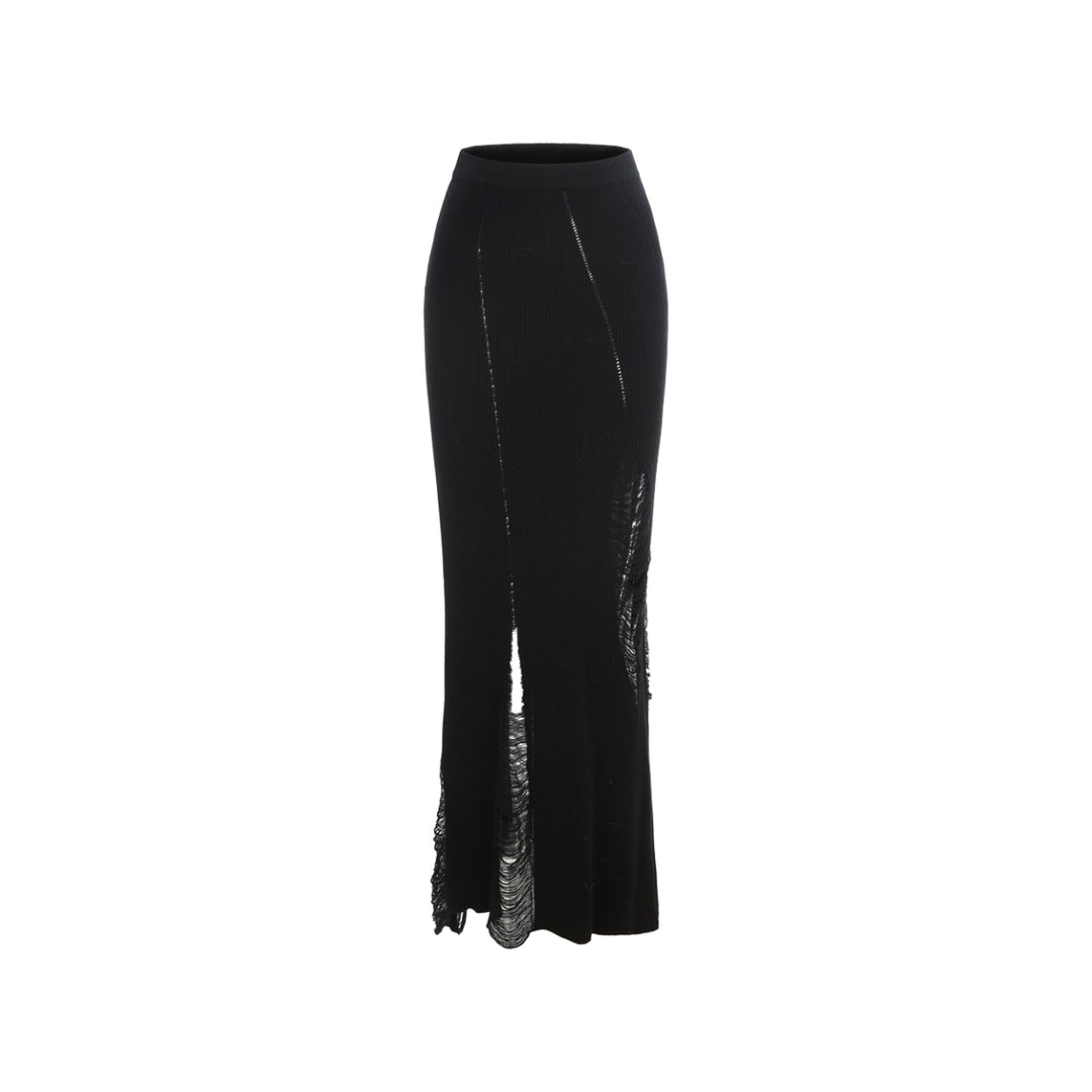 Elywood Destruction Mid-Length Knit Skirt Black