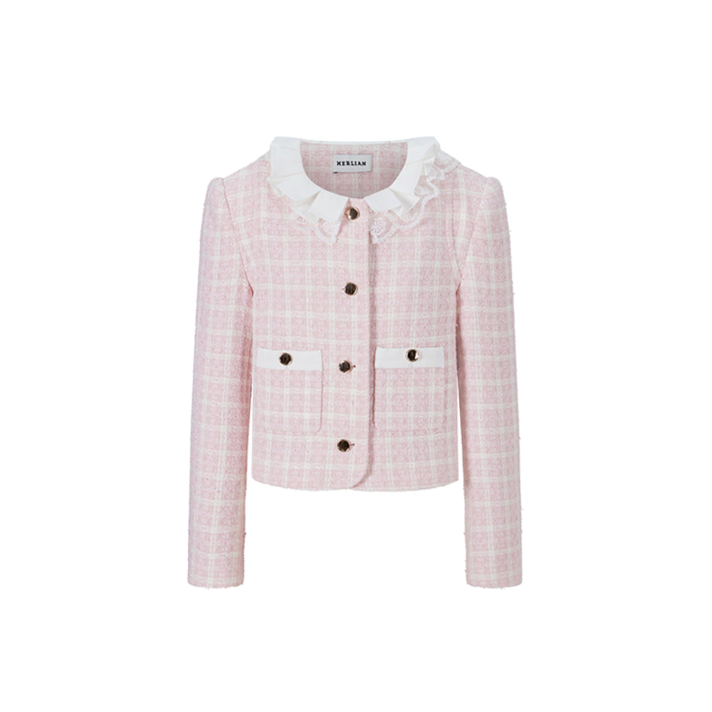 Herlian Ruffle Collar Shoulder Padded Jacket Pink