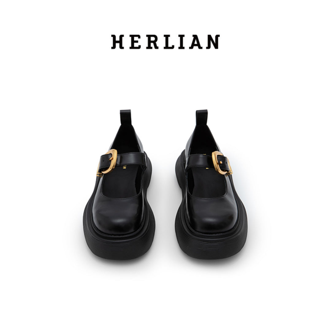 Herlian Logo Buckle Thick Sole Leather Mary Jane Black