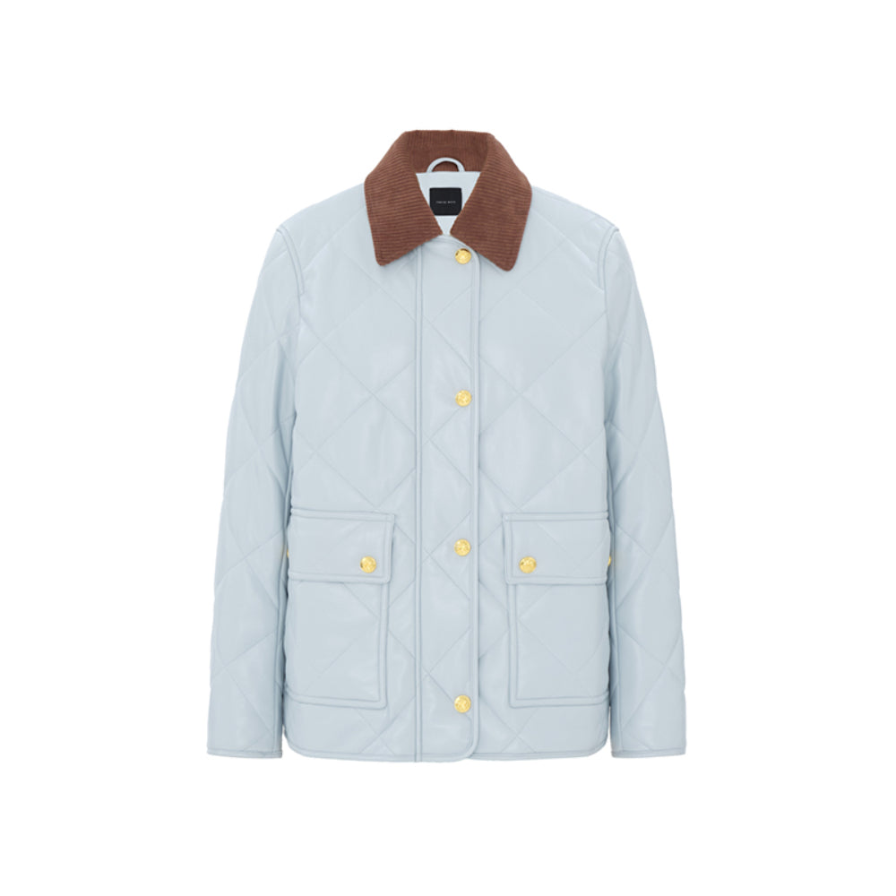 Concise-White PU Leather Puff Jacket Blue - Mores Studio