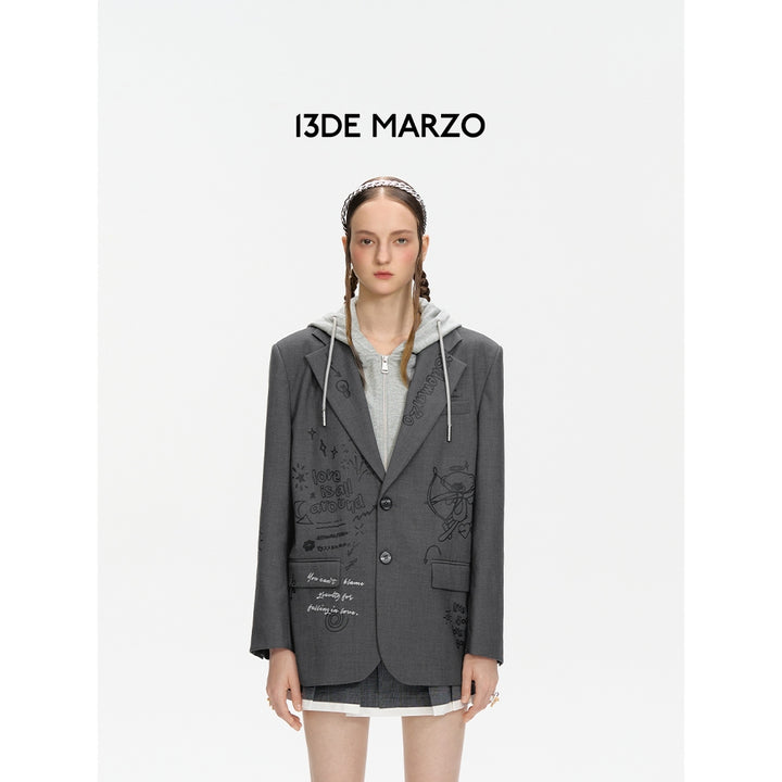 13De Marzo Fake-2-Piece Sketch Bear Hooded Suit Grey