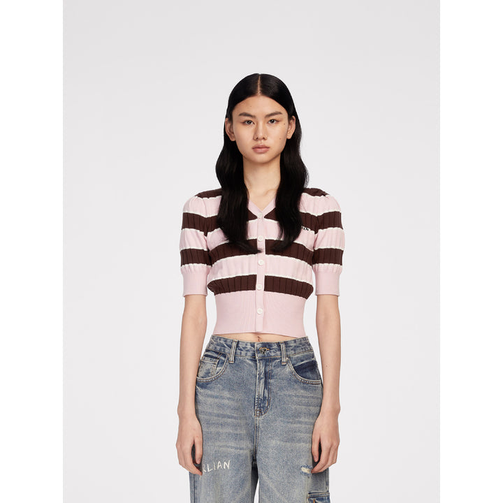 Herlian Striped Contrast Short Sleeve Knit Top Pink