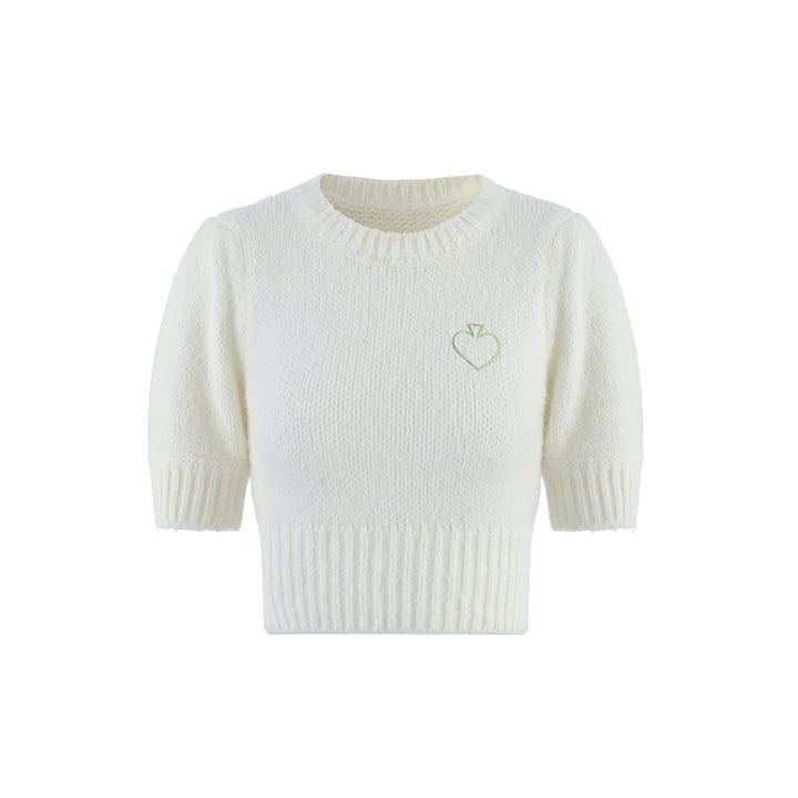 Via Pitti Embroidery Heart Puff Sleeve Knit Top White