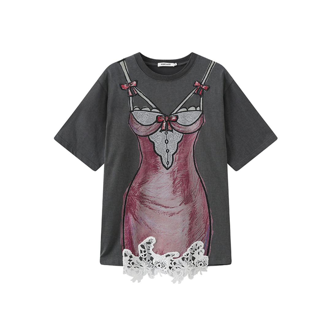 FORDARE Hand-Painted Lace Dress T-Shirt Grey