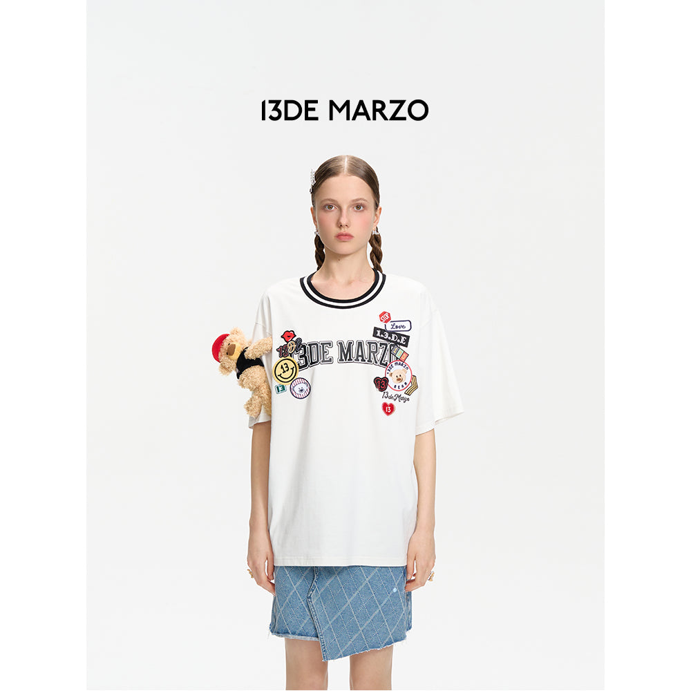 13De Marzo Badge Knit Collar T-Shirt White - Mores Studio