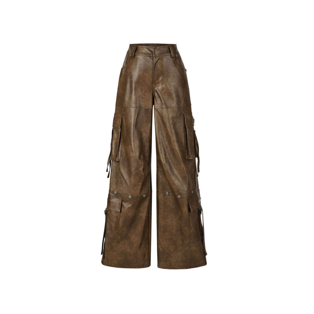 Weird Market Multi Pockets Leather Cargo Pants Brown - Mores Studio