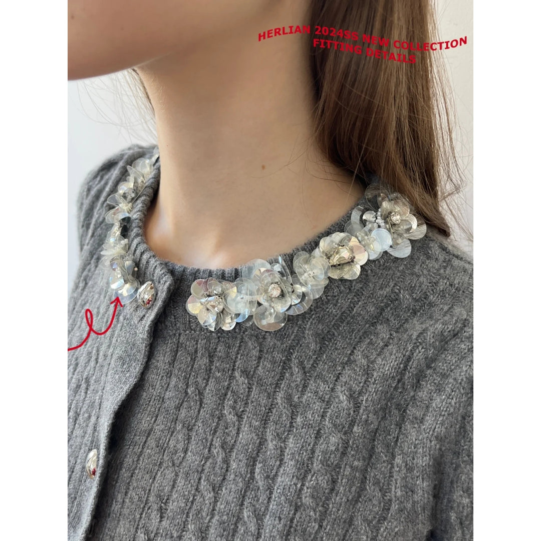 Herlian Sequined Collar Puff Sleeve Knit Sweater