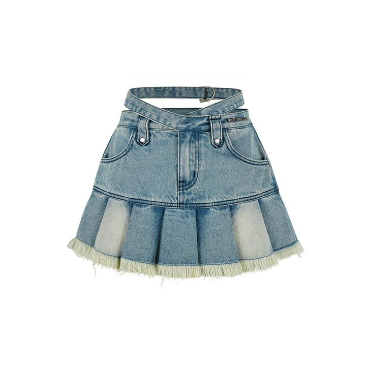 NotAwear Colo Blocked Hollow-Out Denim Pleated Skirt