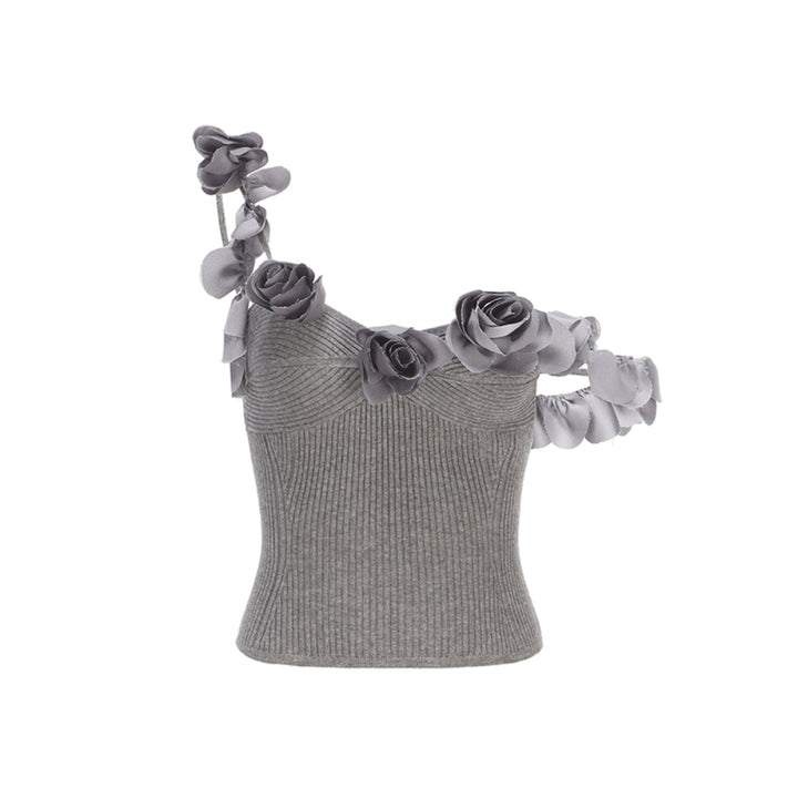 Arte Pura One Shoulder Knitted Floral Top Grey