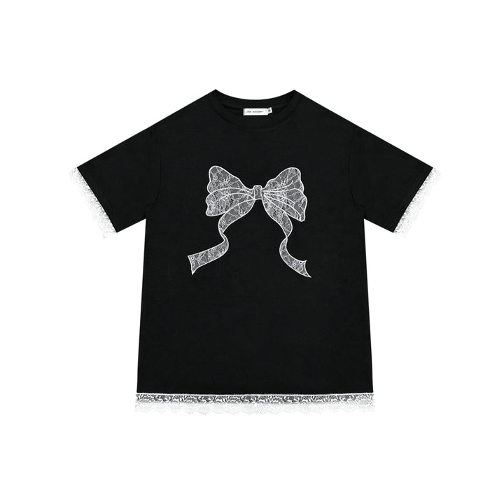 AsGony Lace Patchwork Bow Tie T-Shirt Black