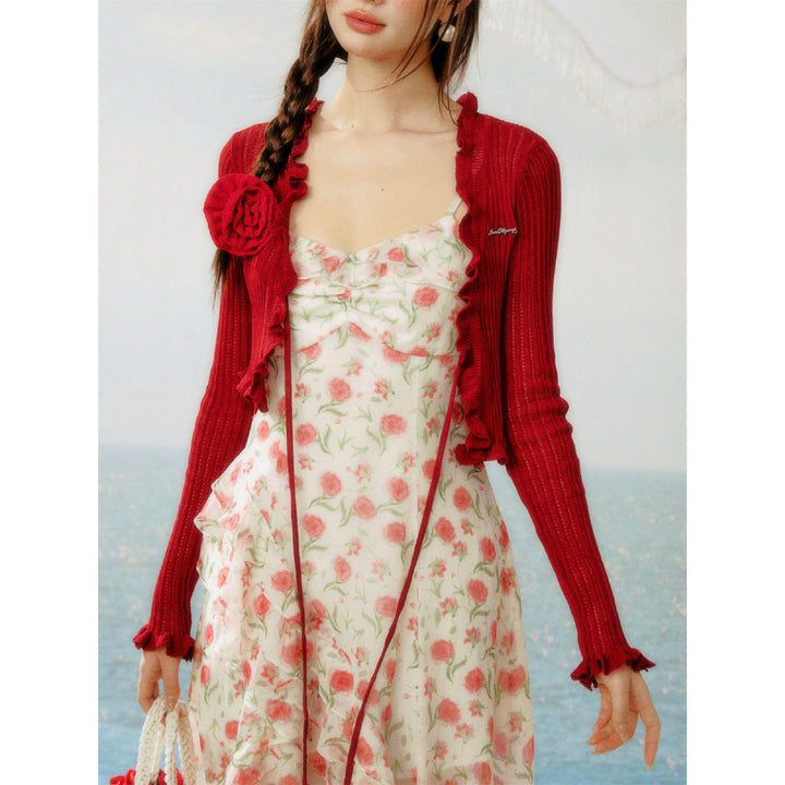 AsGony Bow Tie Knit Sun Protection Cardigan Red