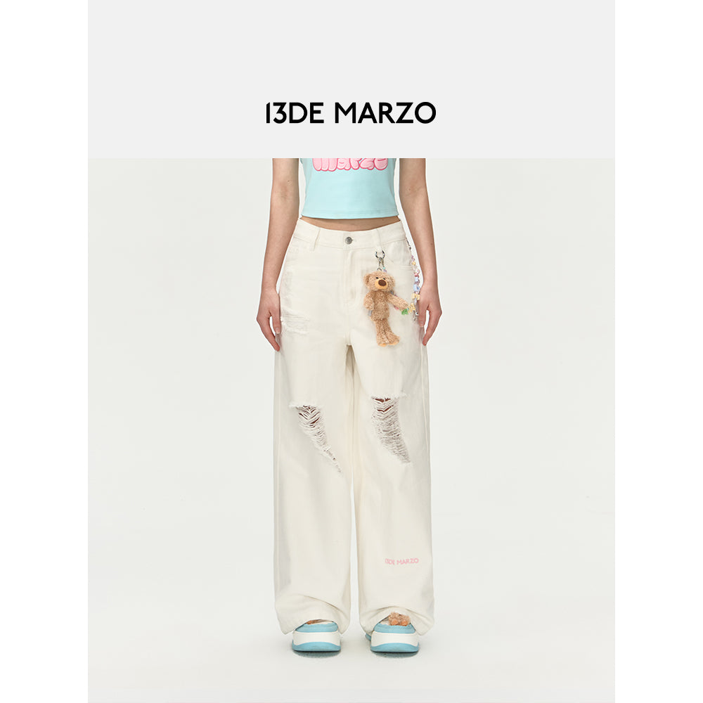 13De Marzo Beaded Logo Chain Wide-Leg Jeans White