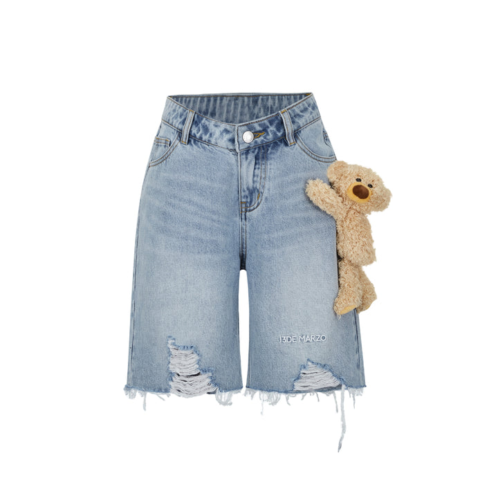 13De Marzo Plush Bear Logo Denim Biker Shorts Blue