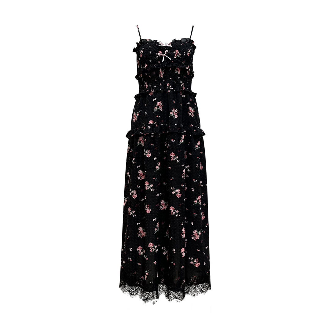 AsGony Floral Suspender Long Dress Black