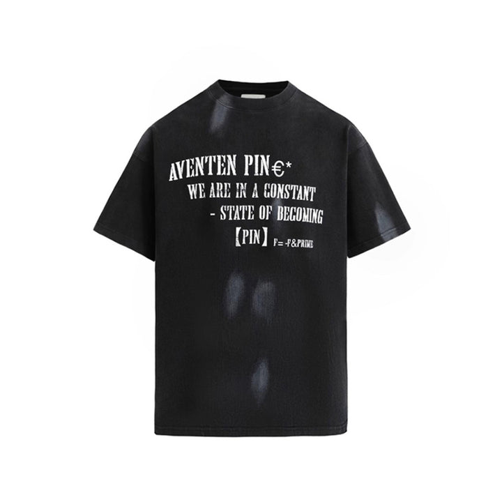 Aventen Pin Printed Slogan Washed Vintage T-Shirt Black