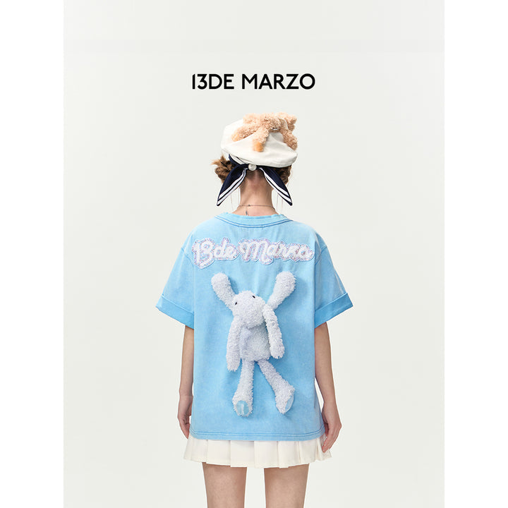 13De Marzo Plush Rabbit Sequins Logo T-Shirt Washed Blue