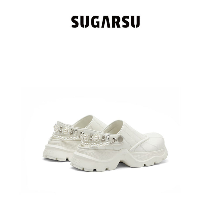 SugarSu Pearl Chain Decorated Tip-Tilt Clog Mules White