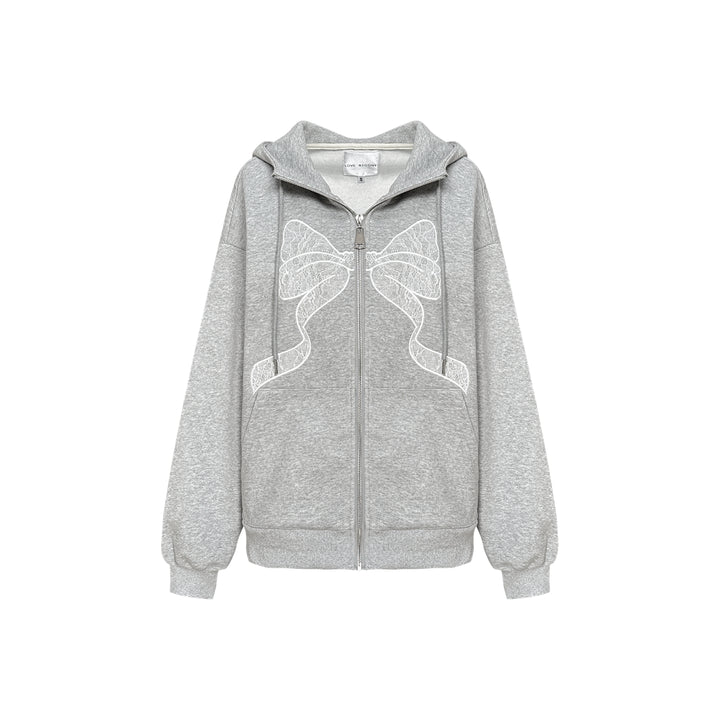 AsGony Bow Patch Zip Up Hoodie Grey