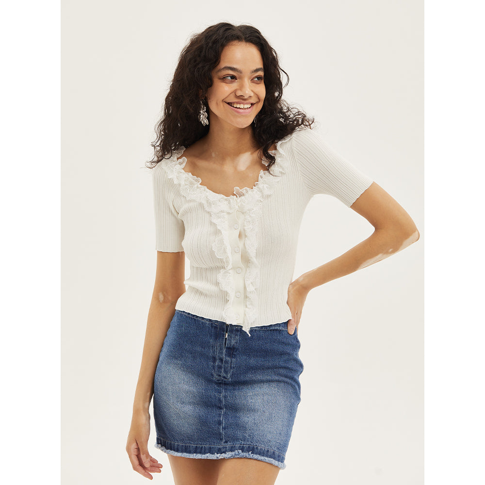 Palavas Lace Edge Short Sleeve Top White