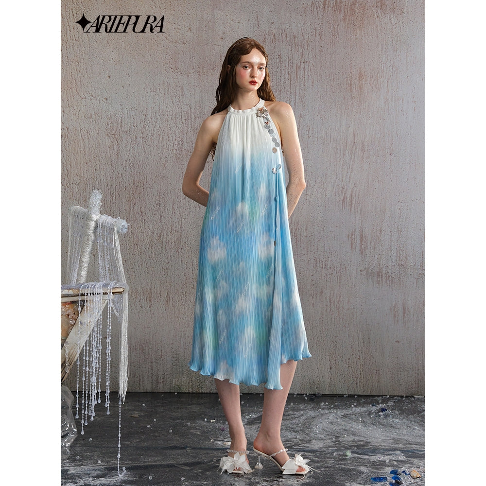 Arte Pura Halter Neck Gradient Sequin Pleated Maxi Dress Blue