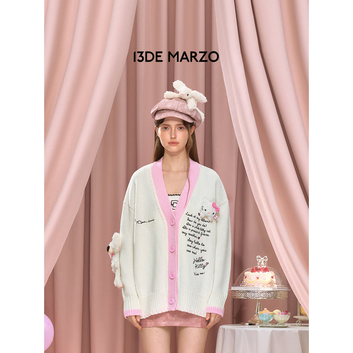 13De Marzo X Hello Kitty Bear Suture Cardigan White