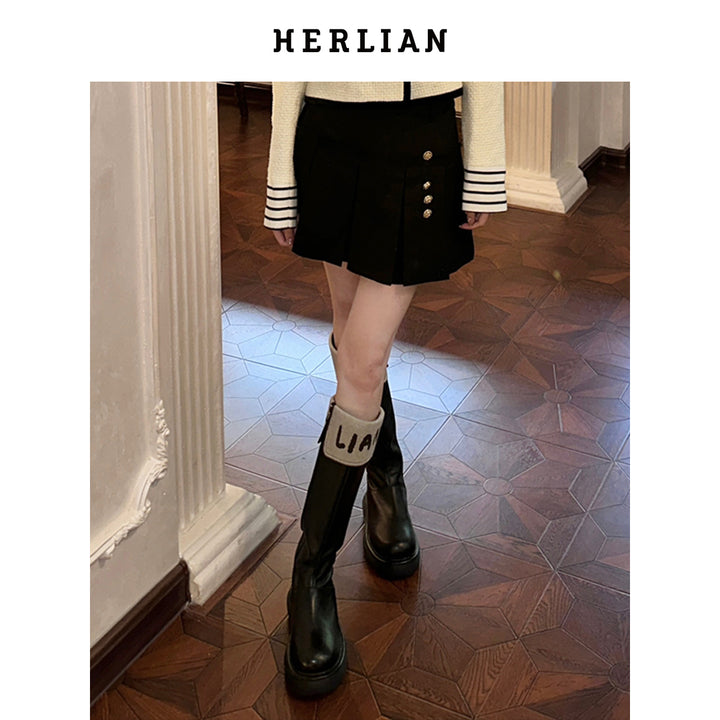 Herlian Flip Logo Leather Heel Boots Black - Mores Studio