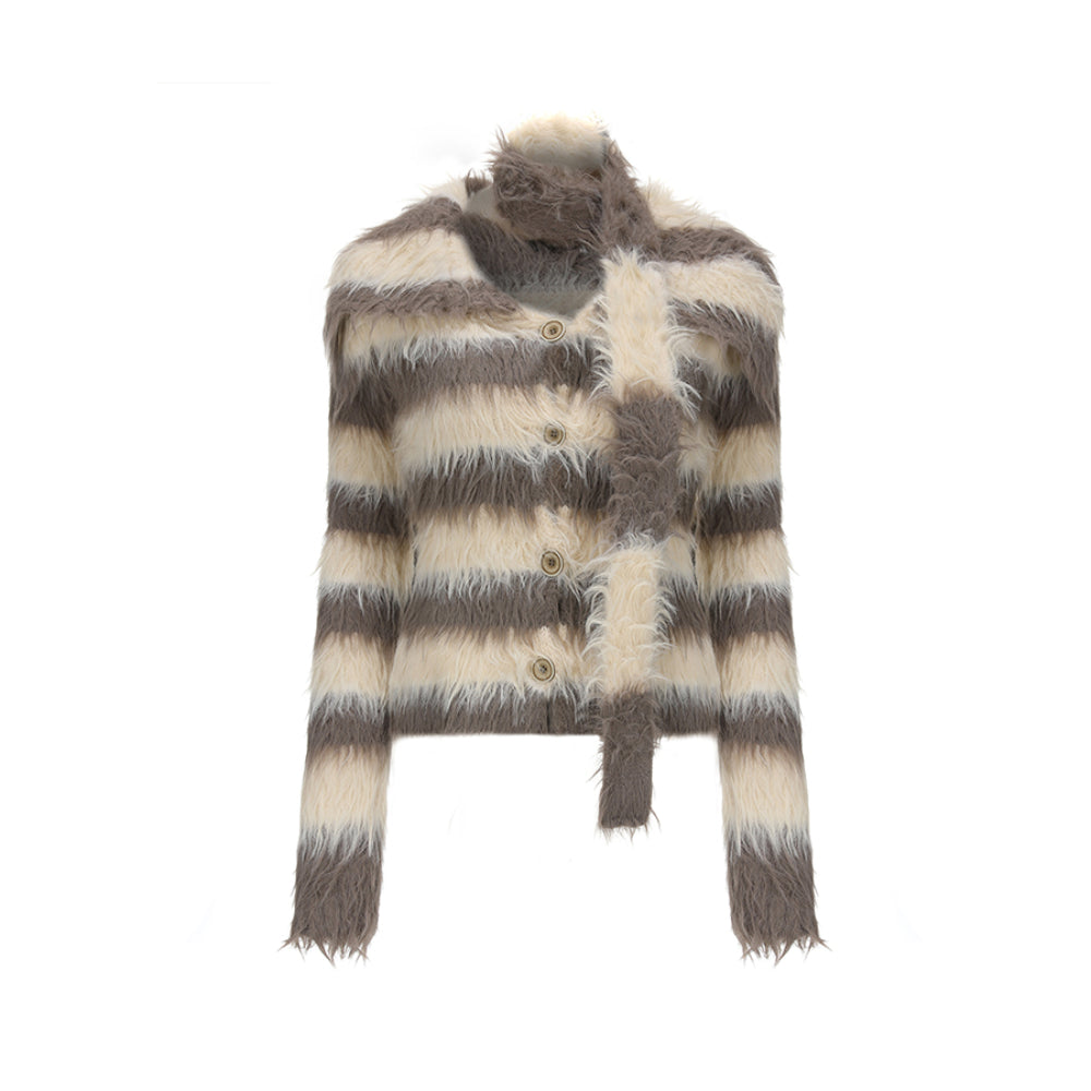 AGAM Striped Fuzzy Fur Cardigan Khaki - Mores Studio