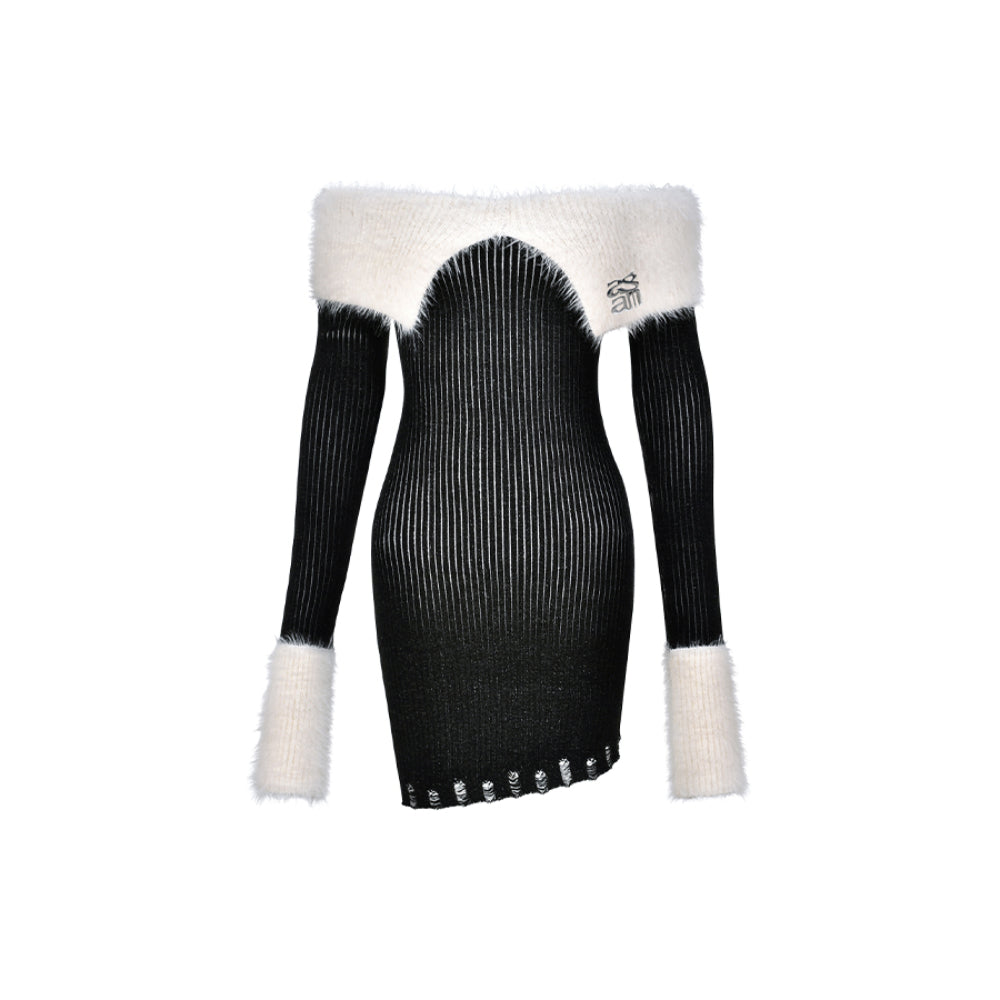 AGAM Off-Shoulder Fur Trim Knit Dress Black - Mores Studio