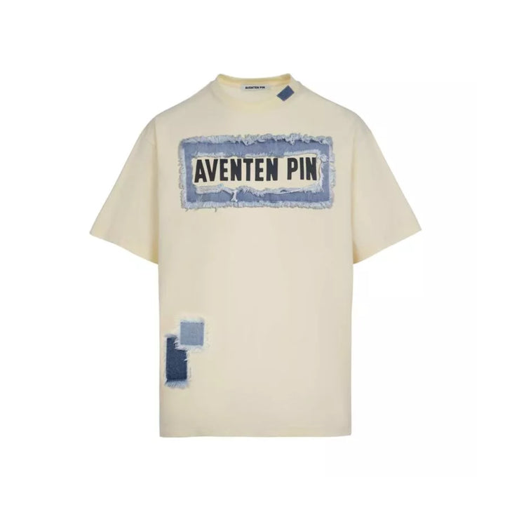 Aventen Pin Broken Denim Logo Patch Tee Cream - Mores Studio