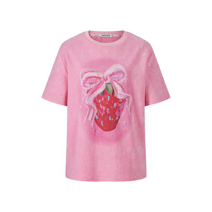 Herlian Strawberry Bow Printed Studded T-Shirt Pink
