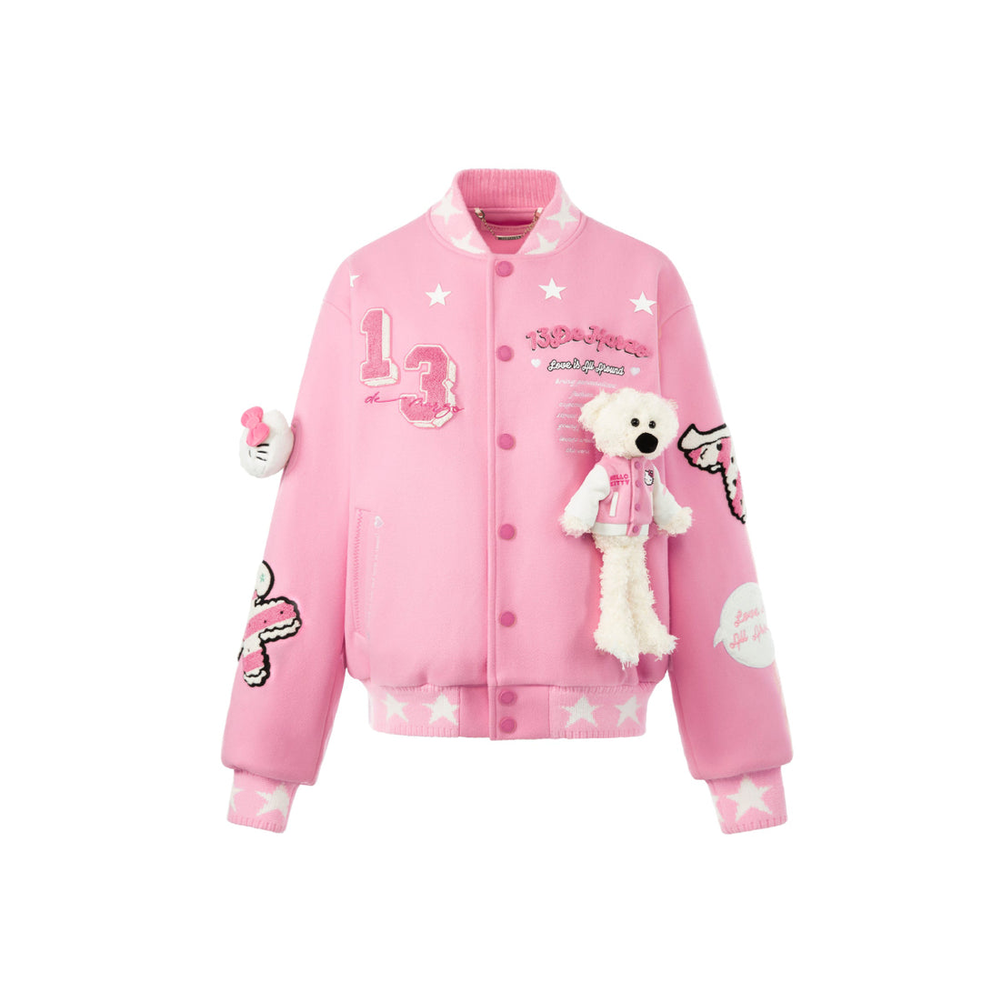 13De Marzo X Hello Kitty Plush Bear Baseball Jacket Pink - Mores Studio