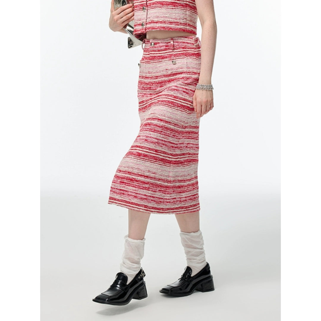 Alexia Sandra Striped Tweed Long Skirt Pink - Mores Studio