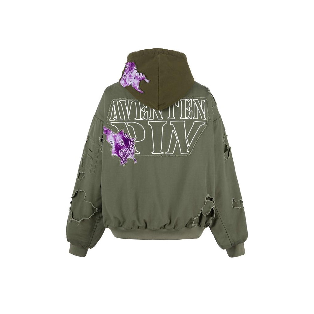 Aventen Pin Destroyed Paisley Zip Up Jacket Olive Green - Mores Studio