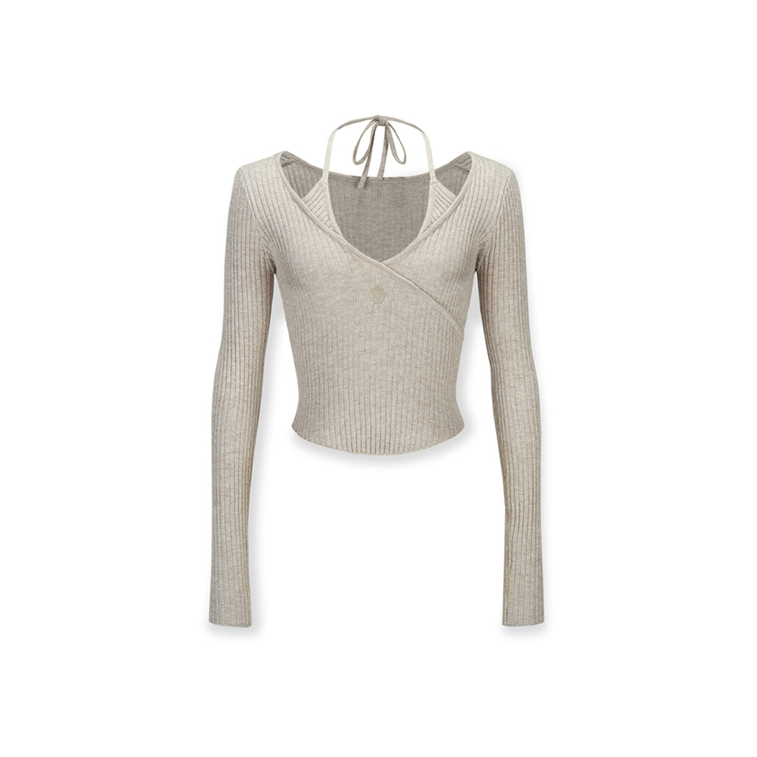 NotAwear Logo Embroidery Drawstring Woolen Knit Top Khaki - Mores Studio